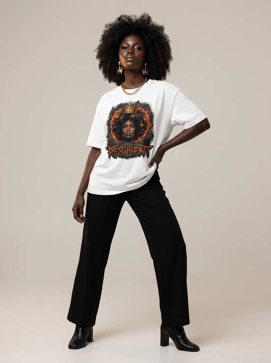 Resilient Black Queen: Fire Afro Crown Graphic T-Shirt - RootednLoud