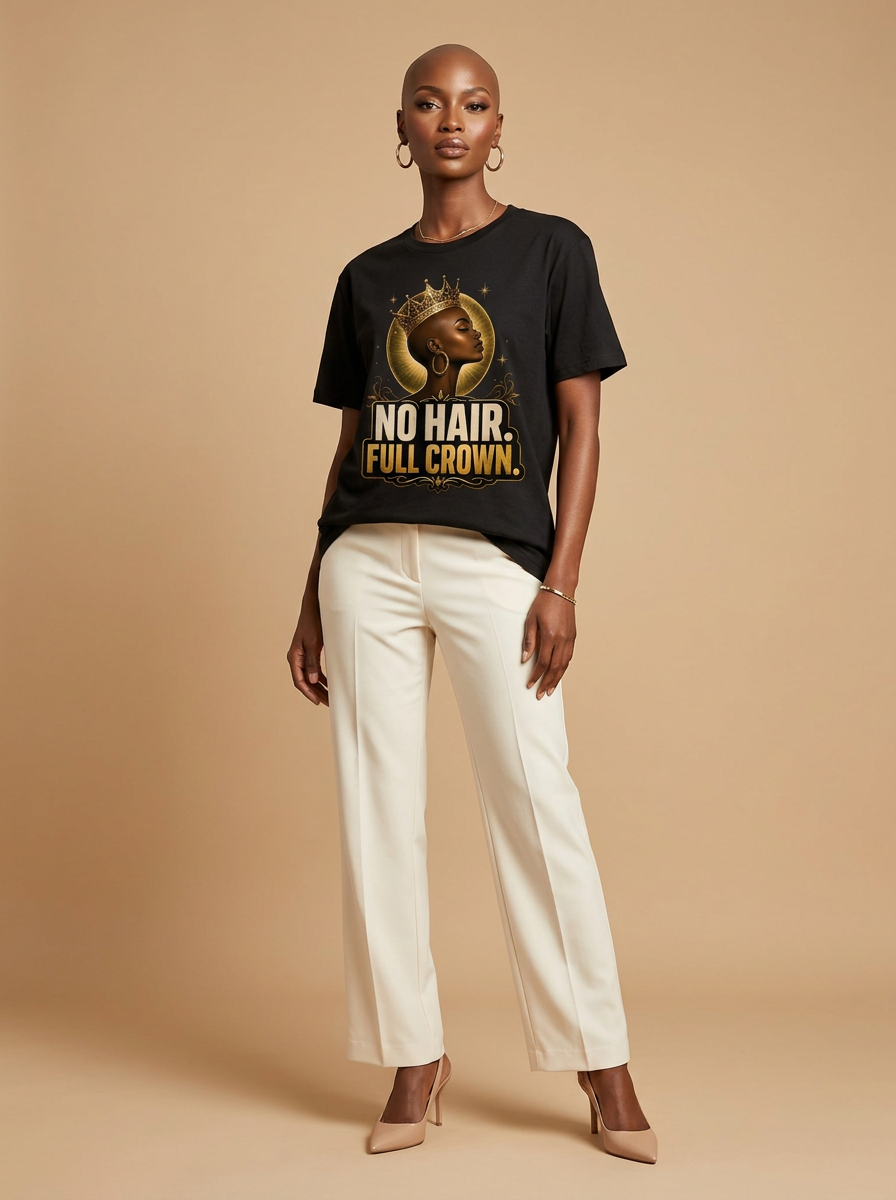No Hair Full Crown: Bald Black Queen Empowerment Graphic T-Shirt - RootednLoud