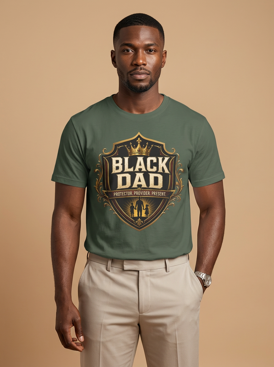 Black Dad Protector Provider: Regal Crest Fatherhood Graphic T-Shirt - RootednLoud
