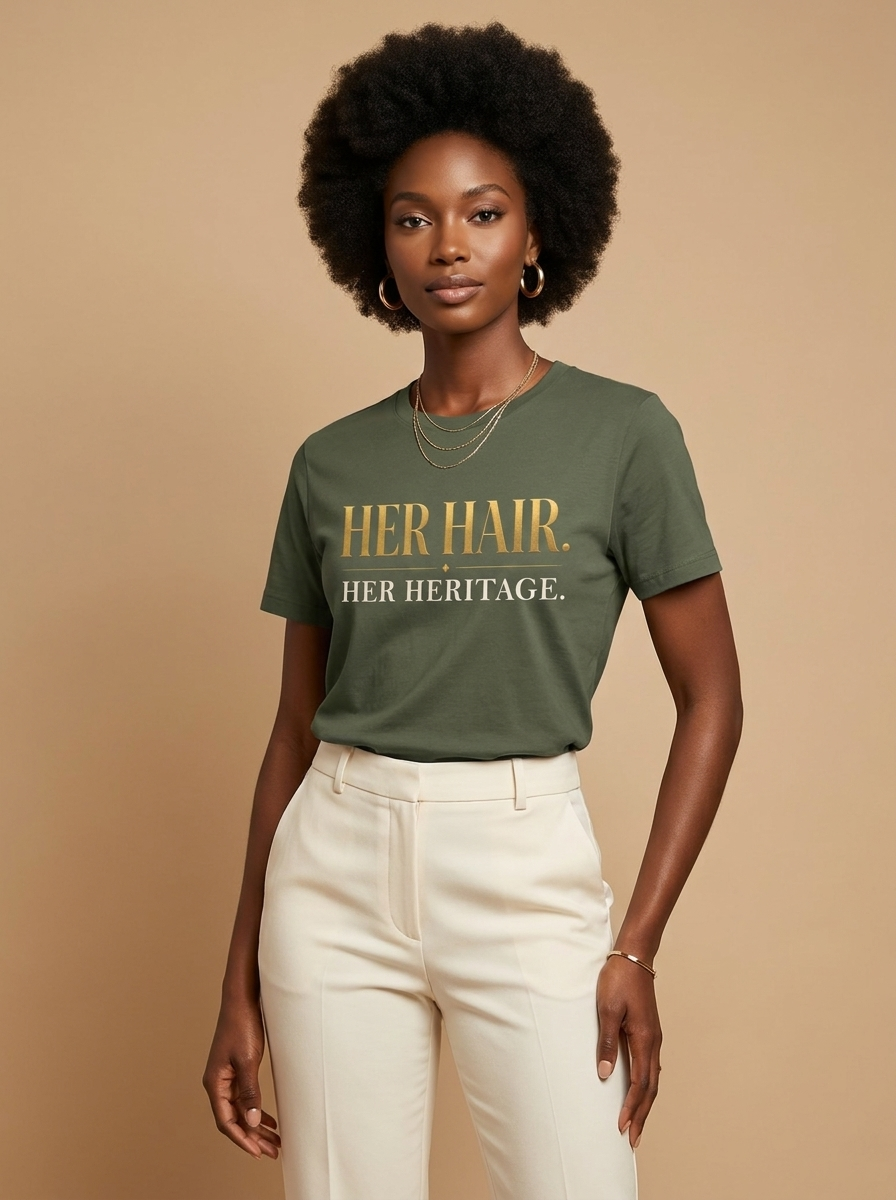 Her Hair Her Heritage: Elegant Gold Typography Empowerment Graphic T-Shirt - RootednLoud