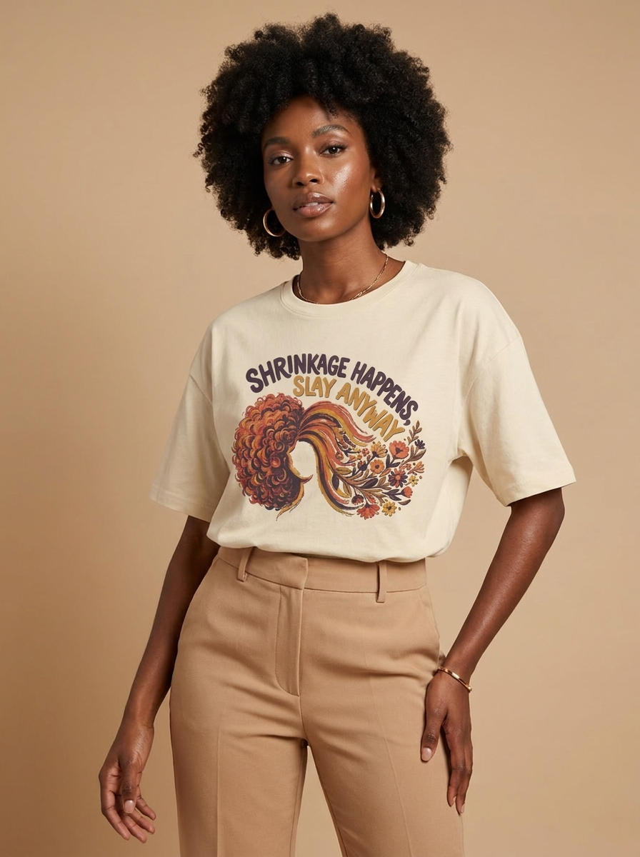 Shrinkage Happens Slay Anyway: Natural Hair Empowerment Graphic T-Shirt - RootednLoud