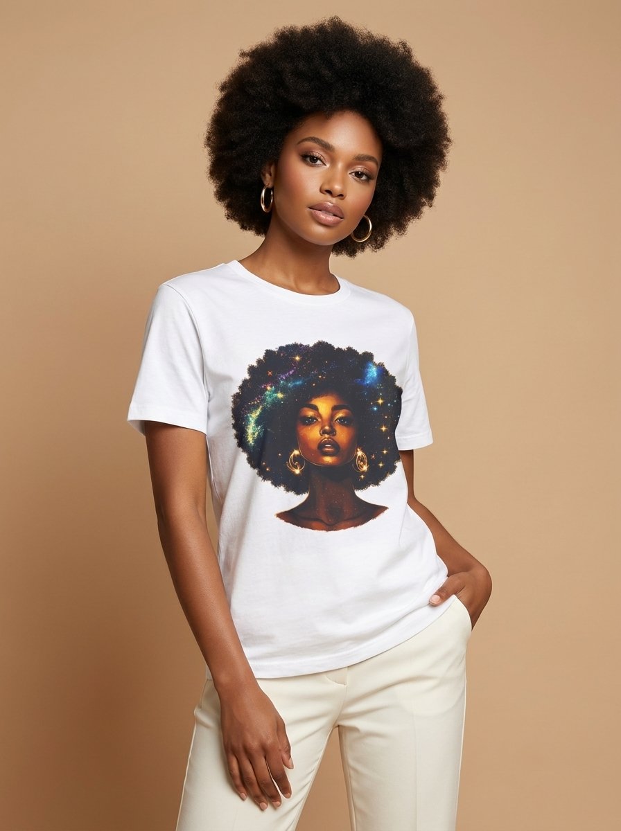 Cosmic Afro Black Girl Magic: Celestial Melanin Queen Graphic T-Shirt - RootednLoud