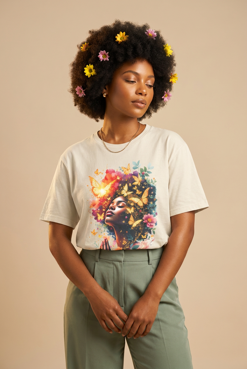 Praying Black Queen: Ethereal Floral Butterfly Graphic T-Shirt - RootednLoud