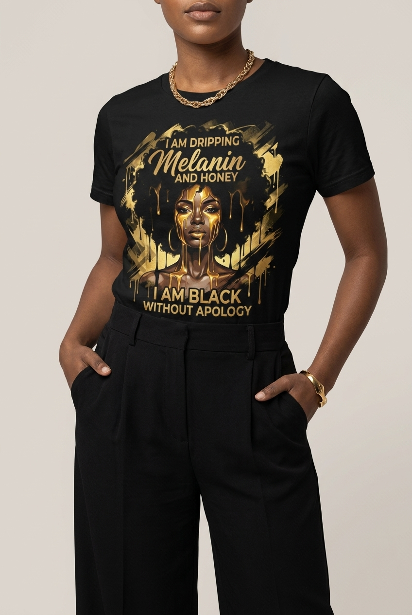 Dripping Melanin and Honey: Black Queen Gold Edition Graphic T-Shirt - RootednLoud