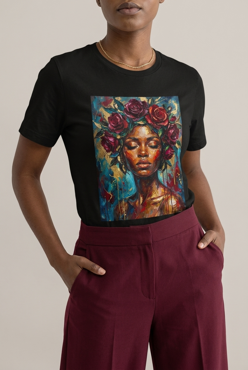 Painted Queen: Oil Painting Floral Black Woman Graphic T-Shirt - RootednLoud