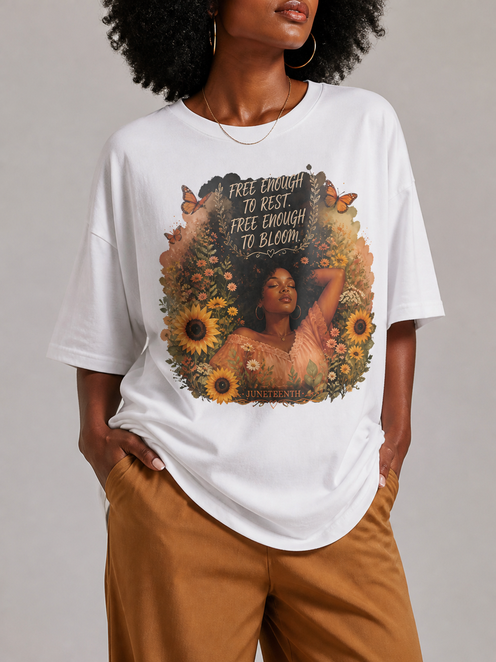 Free Enough To Rest: Juneteenth Floral Melanin Queen Graphic T-Shirt - RootednLoud