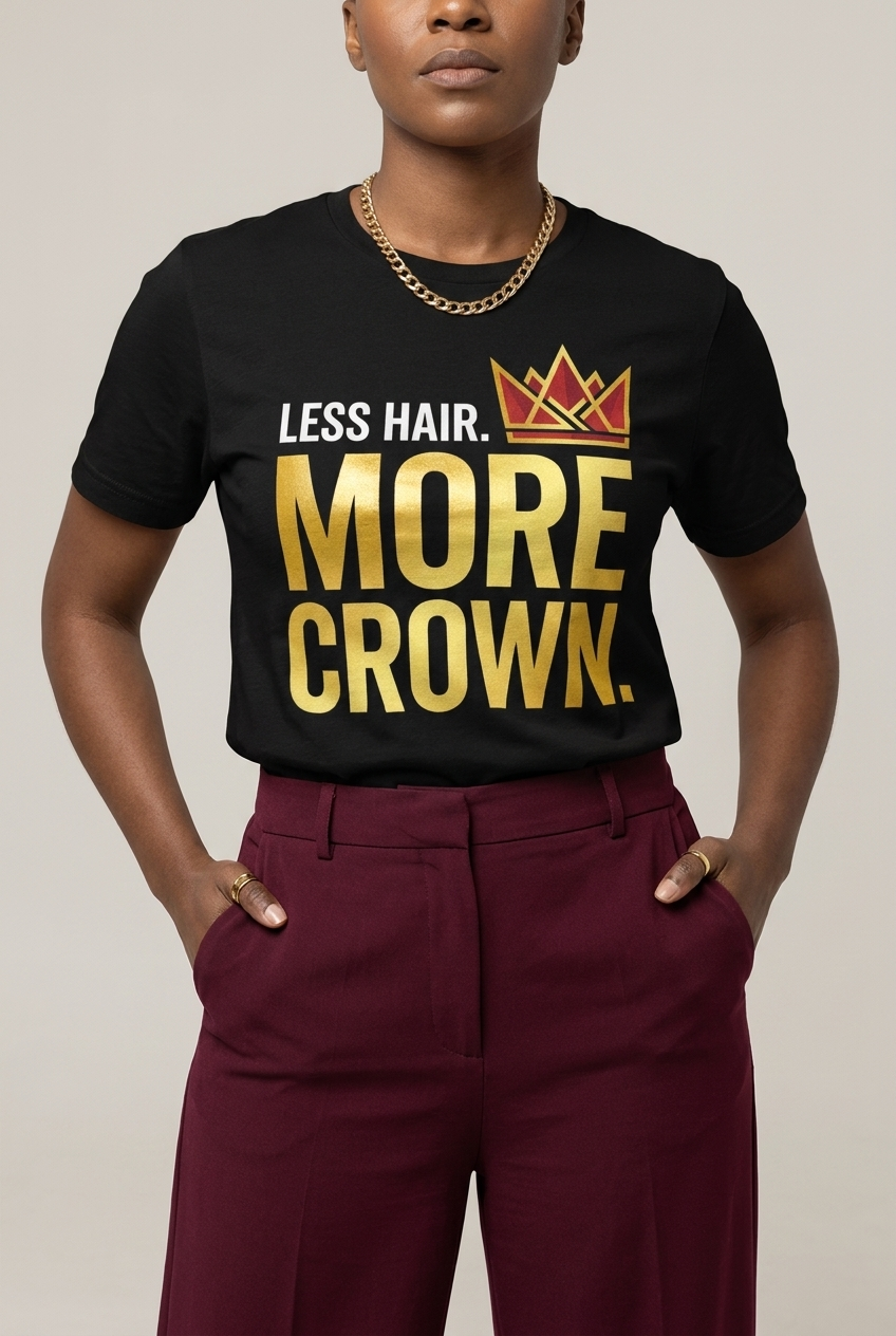 Bald & Proud: Less Hair More Crown Golden Typography Graphic T-Shirt - RootednLoud