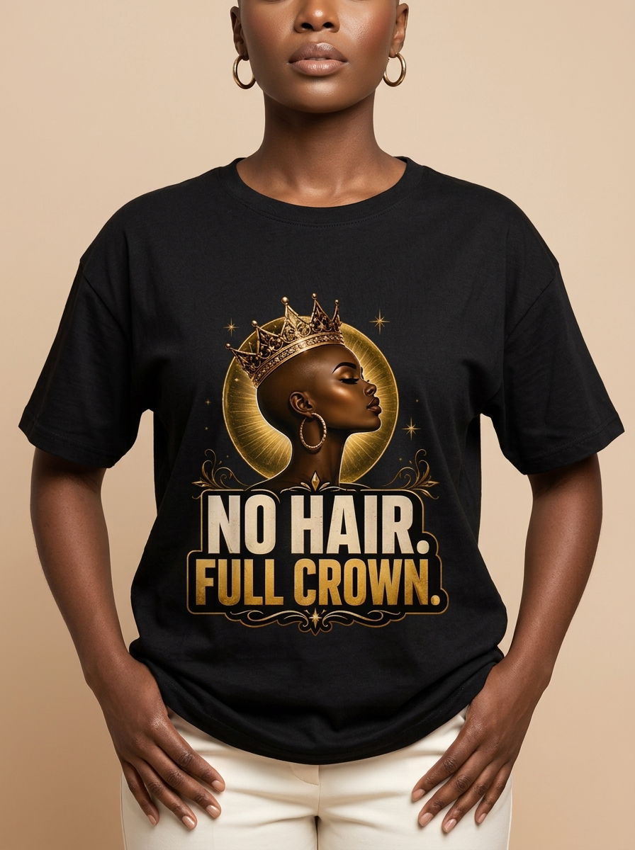 No Hair Full Crown: Bald Black Queen Empowerment Graphic T-Shirt - RootednLoud