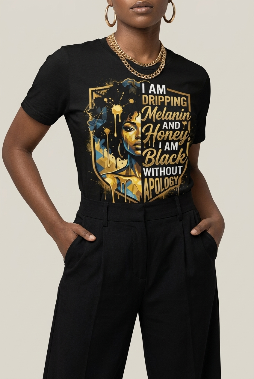 The Royal Shield: Dripping Melanin and Honey Black Queen Graphic T-Shirt - RootednLoud