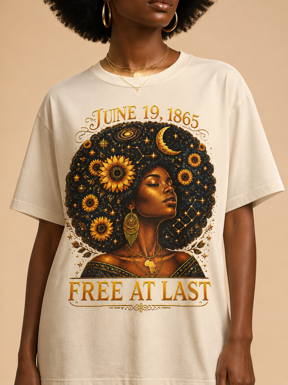 Free At Last Juneteenth: Celestial Afro Melanin Queen Graphic T-Shirt - RootednLoud