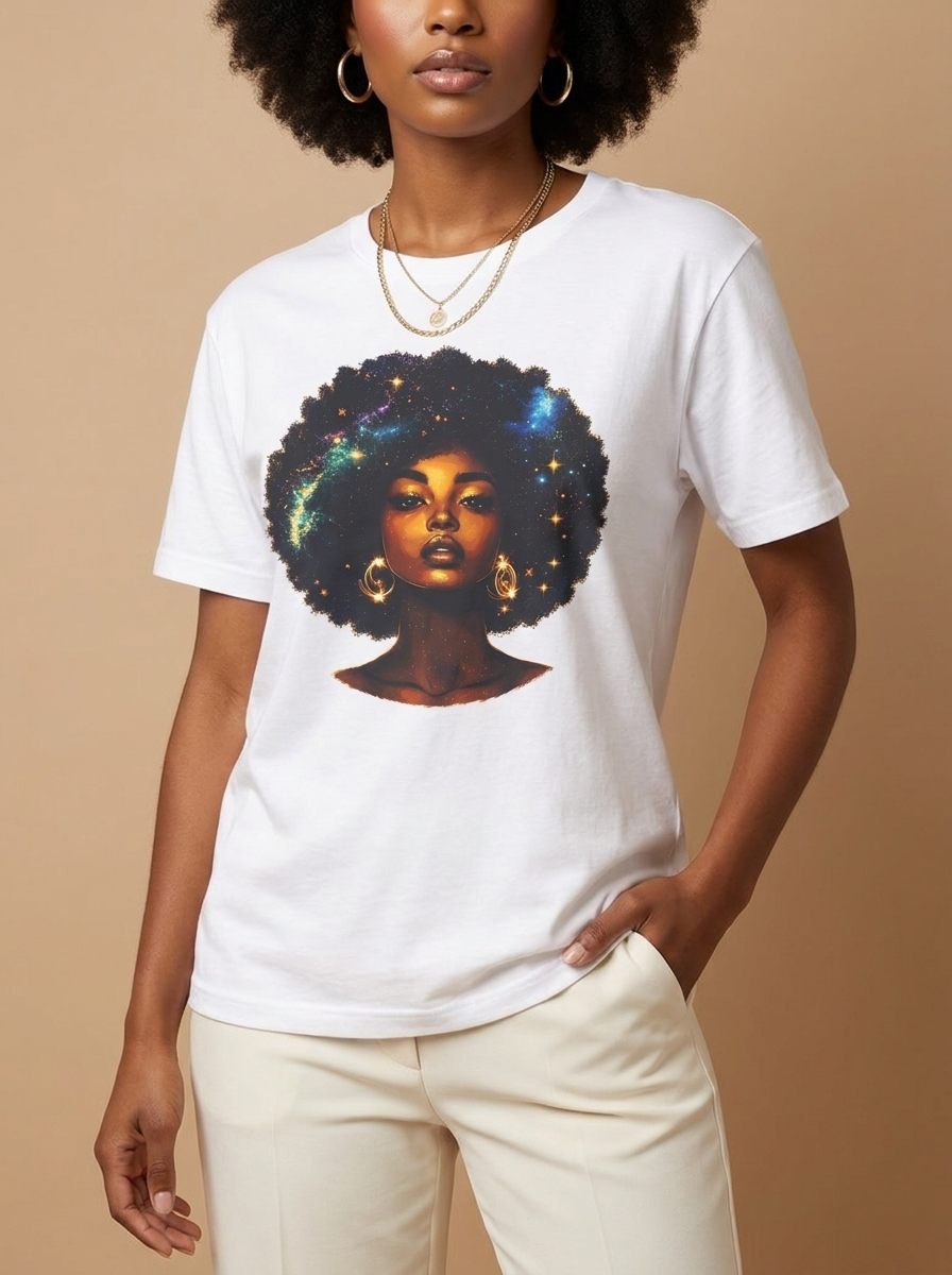 Cosmic Afro Black Girl Magic: Celestial Melanin Queen Graphic T-Shirt - RootednLoud