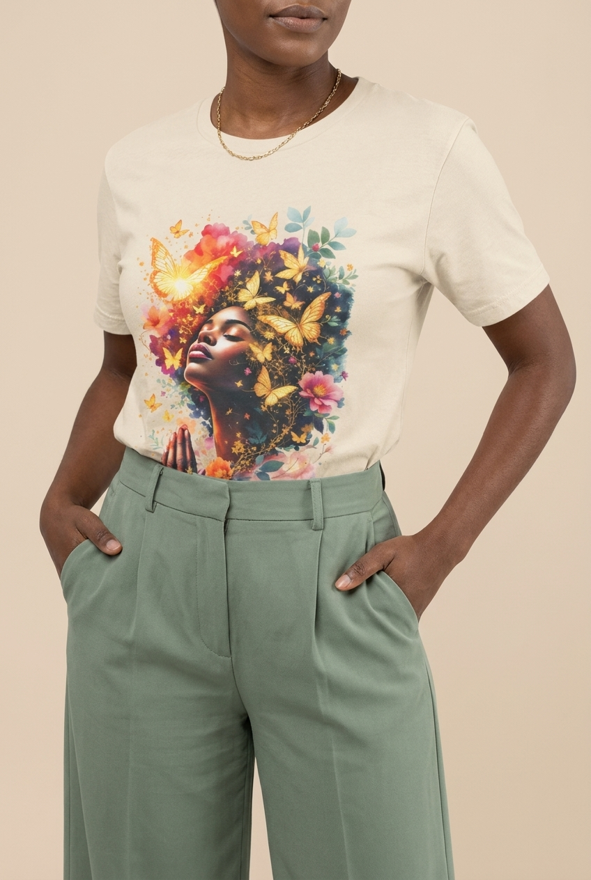 Praying Black Queen: Ethereal Floral Butterfly Graphic T-Shirt - RootednLoud