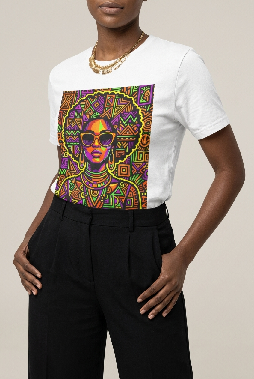 Neon Tribal Queen: Afrocentric Pop Art Black Woman Graphic T-Shirt - RootednLoud