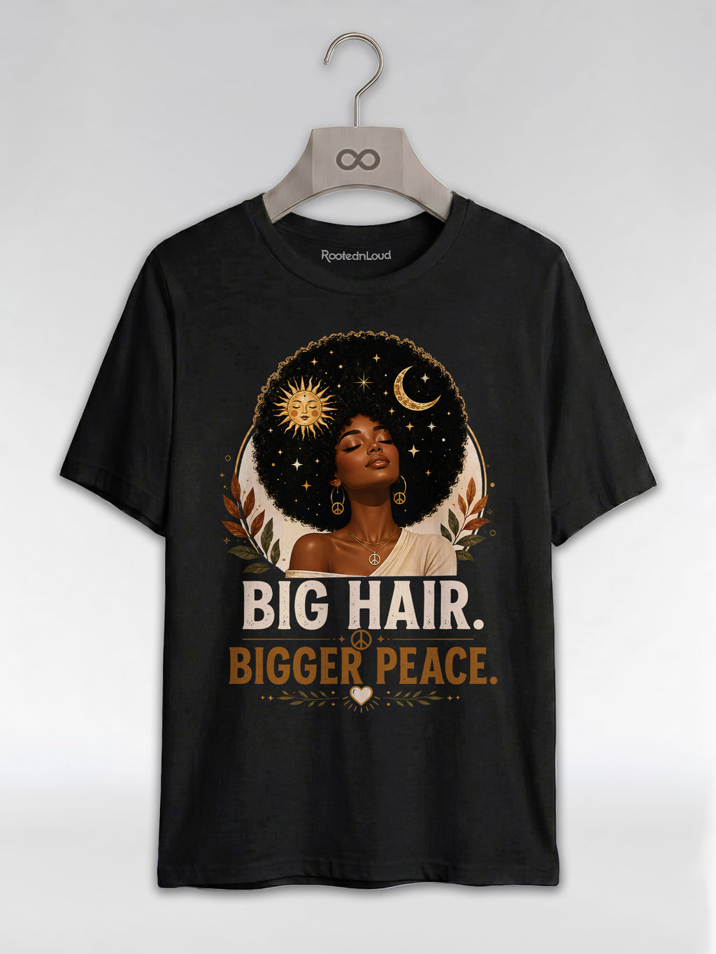 Big Hair Bigger Peace: Celestial Afro Graphic T-Shirt - RootednLoud