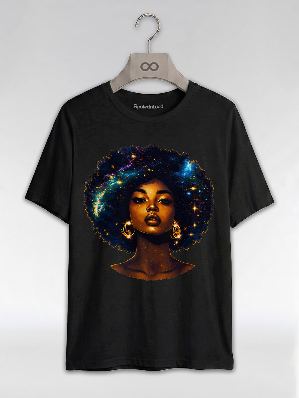Cosmic Afro Black Girl Magic: Celestial Melanin Queen Graphic T-Shirt - RootednLoud