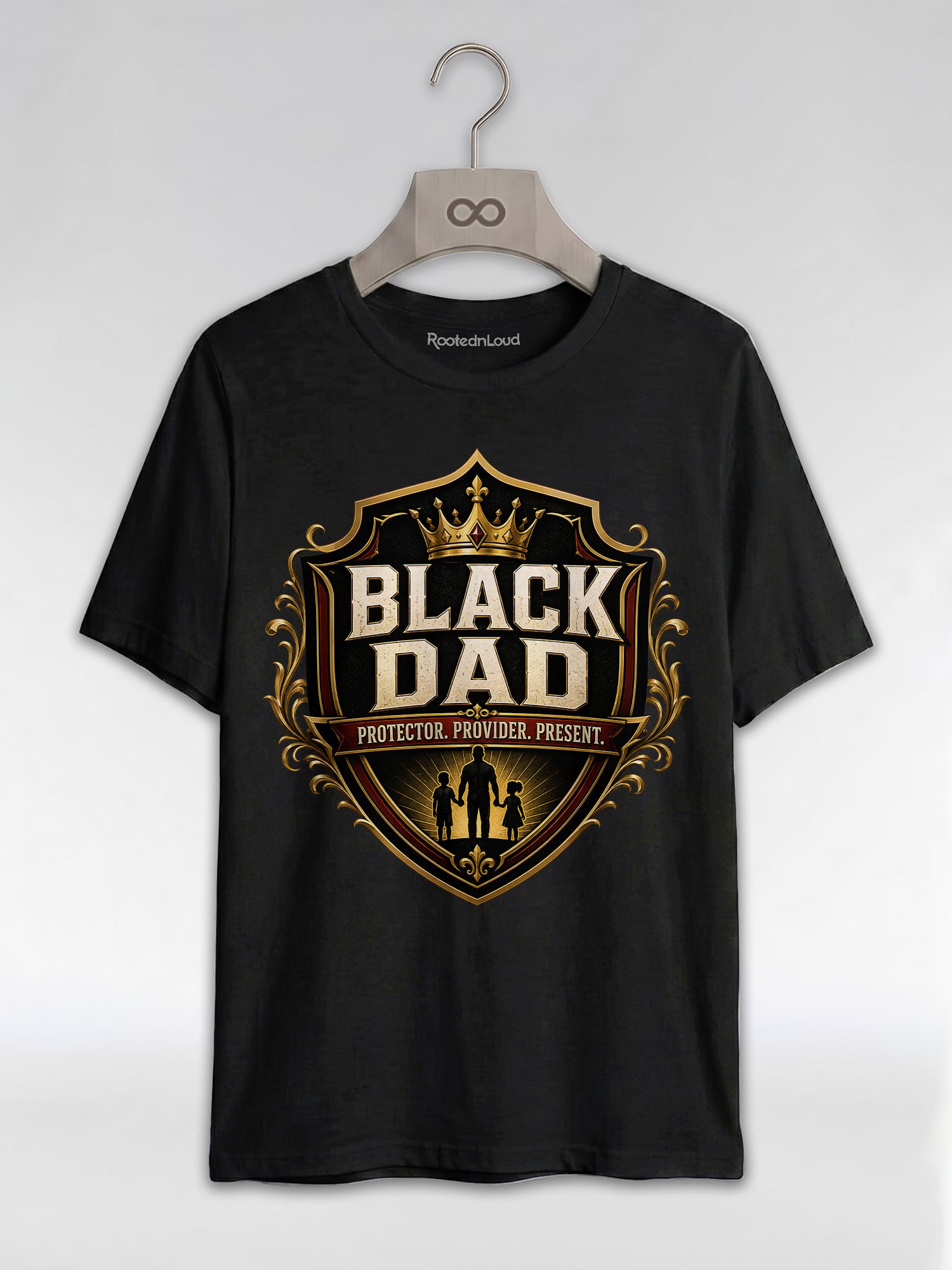 Black Dad Protector Provider: Regal Crest Fatherhood Graphic T-Shirt - RootednLoud
