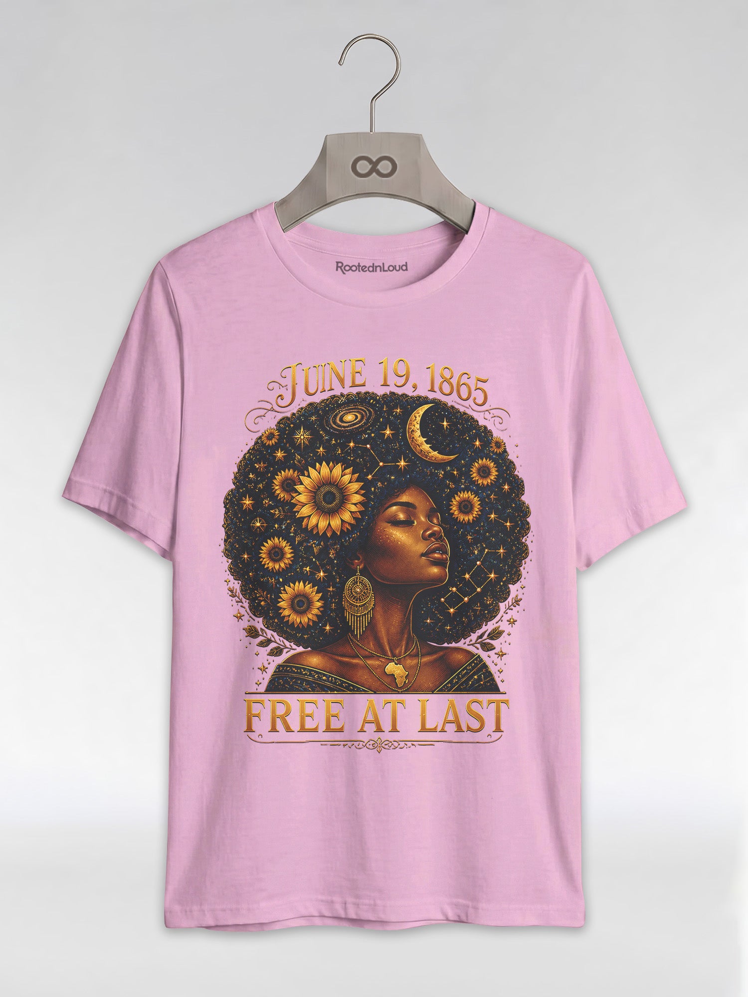 Free At Last Juneteenth: Celestial Afro Melanin Queen Graphic T-Shirt - RootednLoud