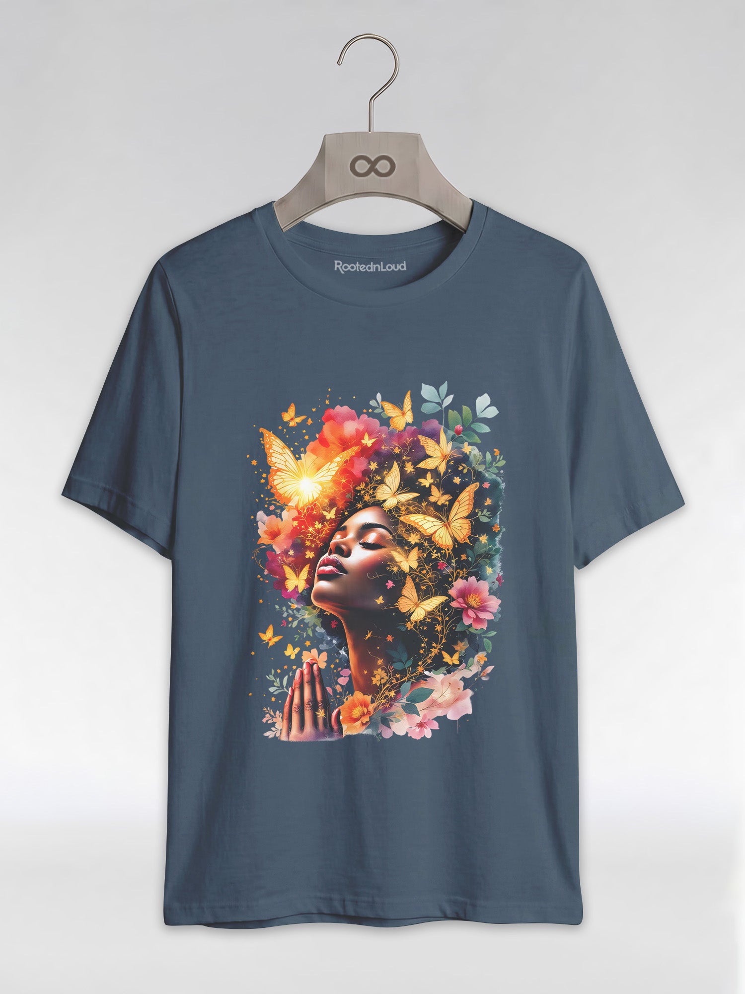 Praying Black Queen: Ethereal Floral Butterfly Graphic T-Shirt - RootednLoud
