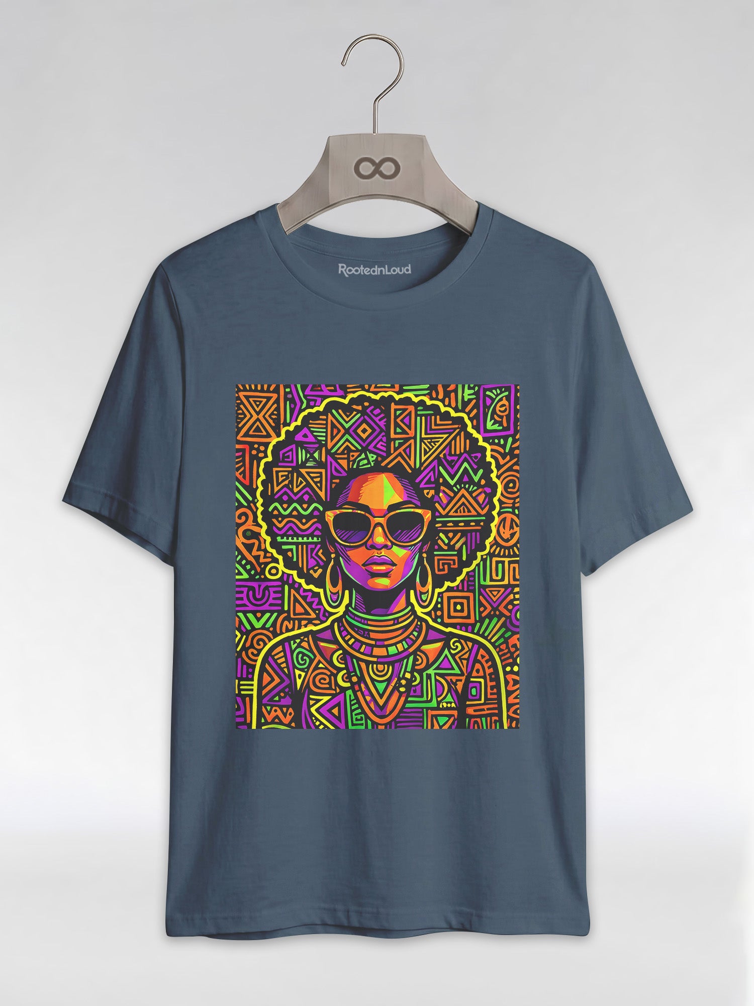 Neon Tribal Queen: Afrocentric Pop Art Black Woman Graphic T-Shirt - RootednLoud