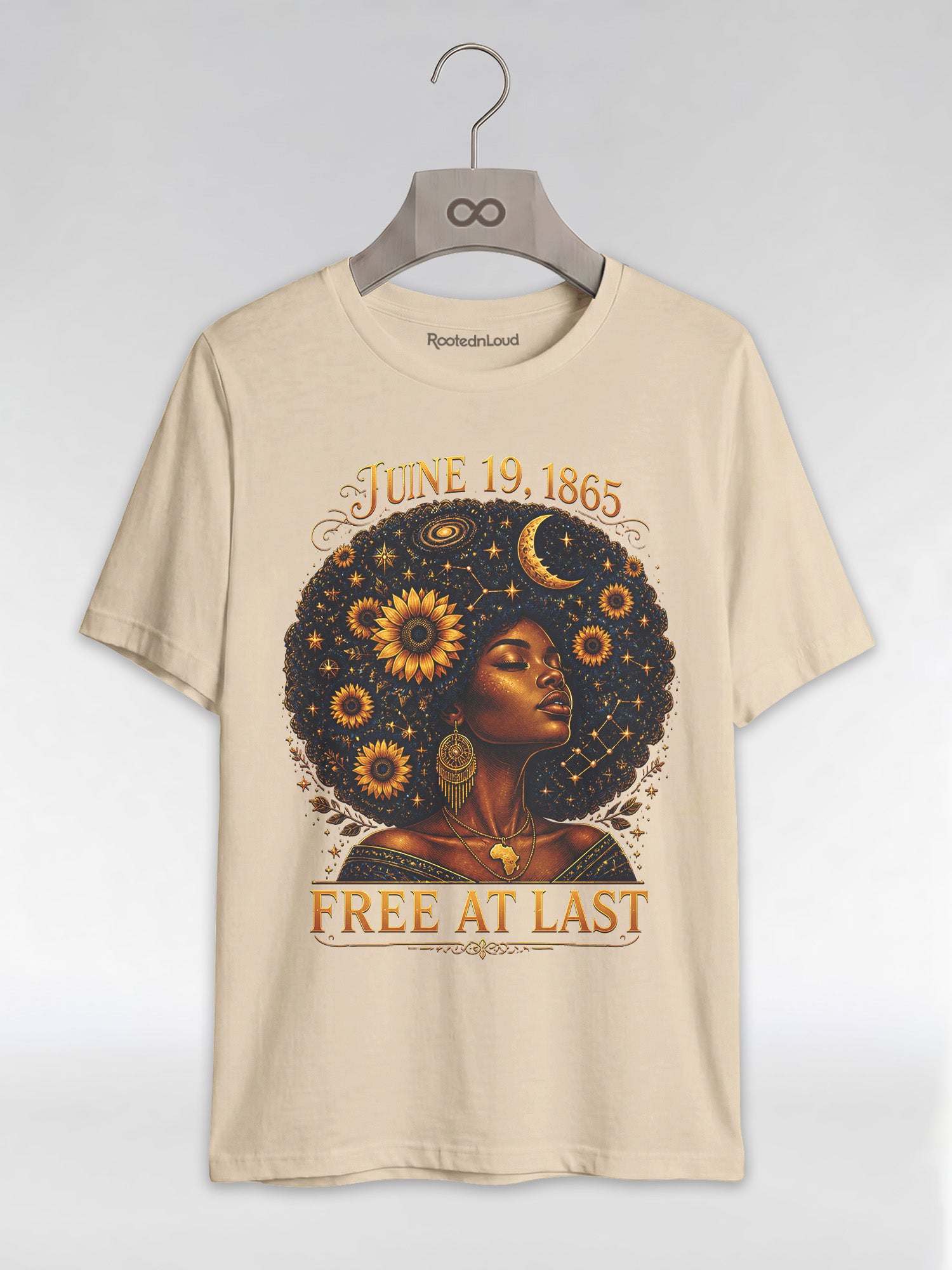 Free At Last Juneteenth: Celestial Afro Melanin Queen Graphic T-Shirt - RootednLoud