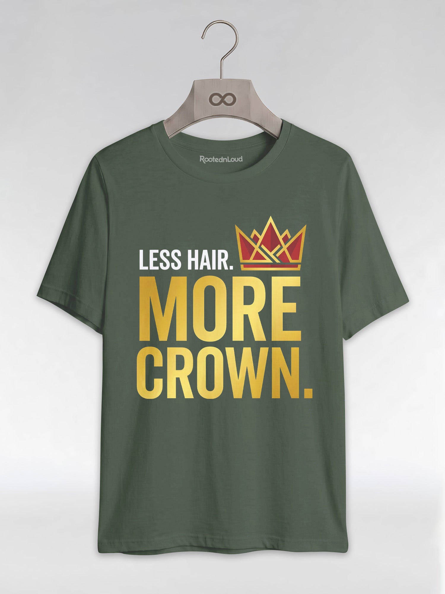 Bald & Proud: Less Hair More Crown Golden Typography Graphic T-Shirt - RootednLoud