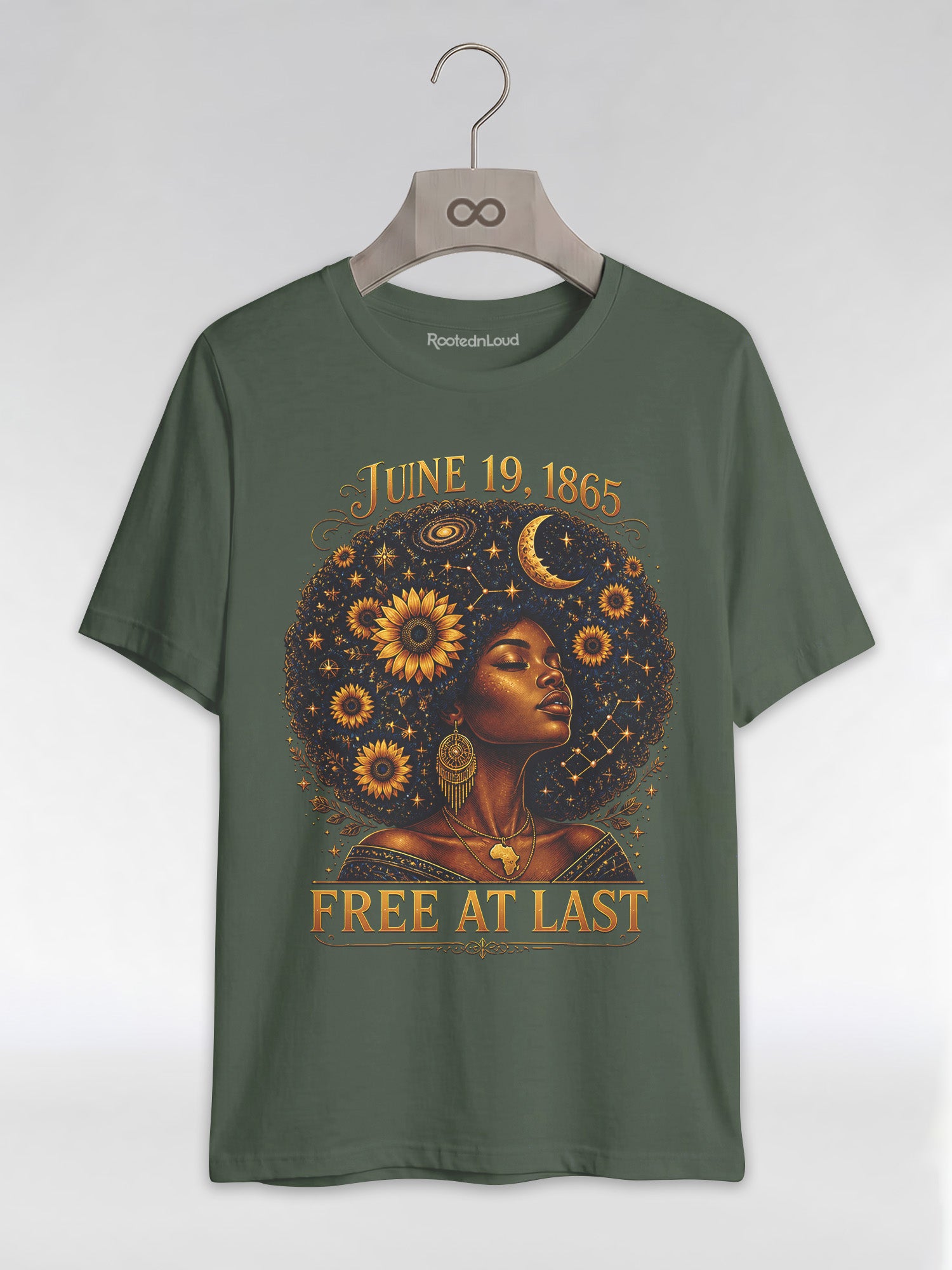 Free At Last Juneteenth: Celestial Afro Melanin Queen Graphic T-Shirt - RootednLoud