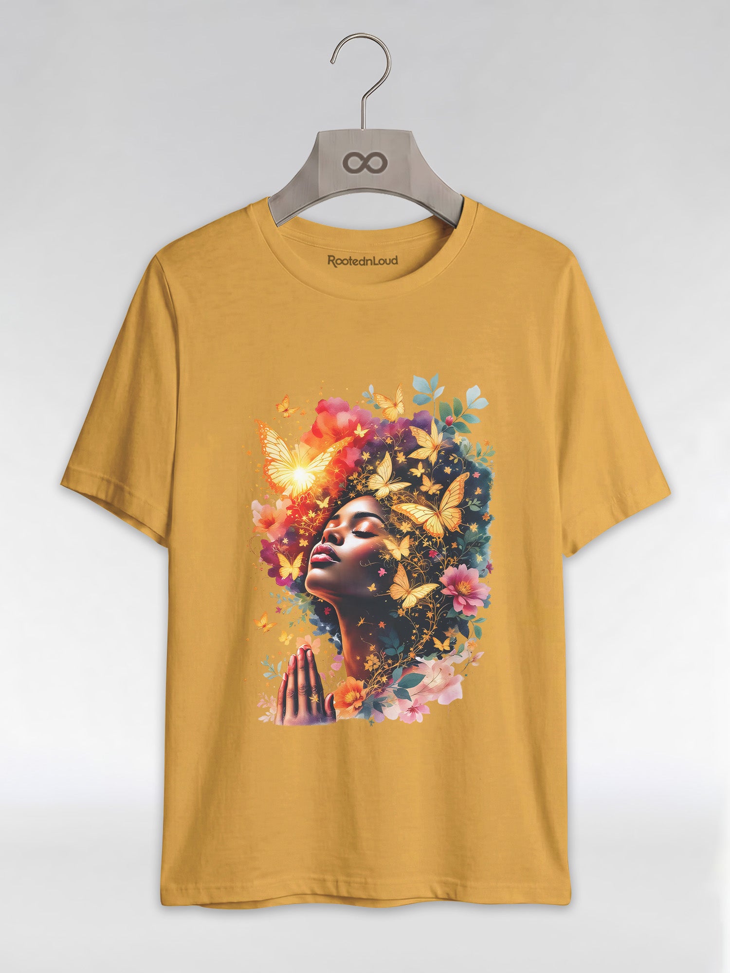 Praying Black Queen: Ethereal Floral Butterfly Graphic T-Shirt - RootednLoud