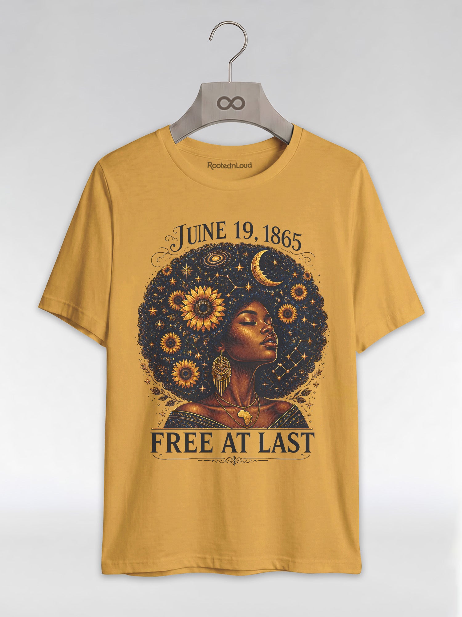 Free At Last Juneteenth: Celestial Afro Melanin Queen Graphic T-Shirt - RootednLoud