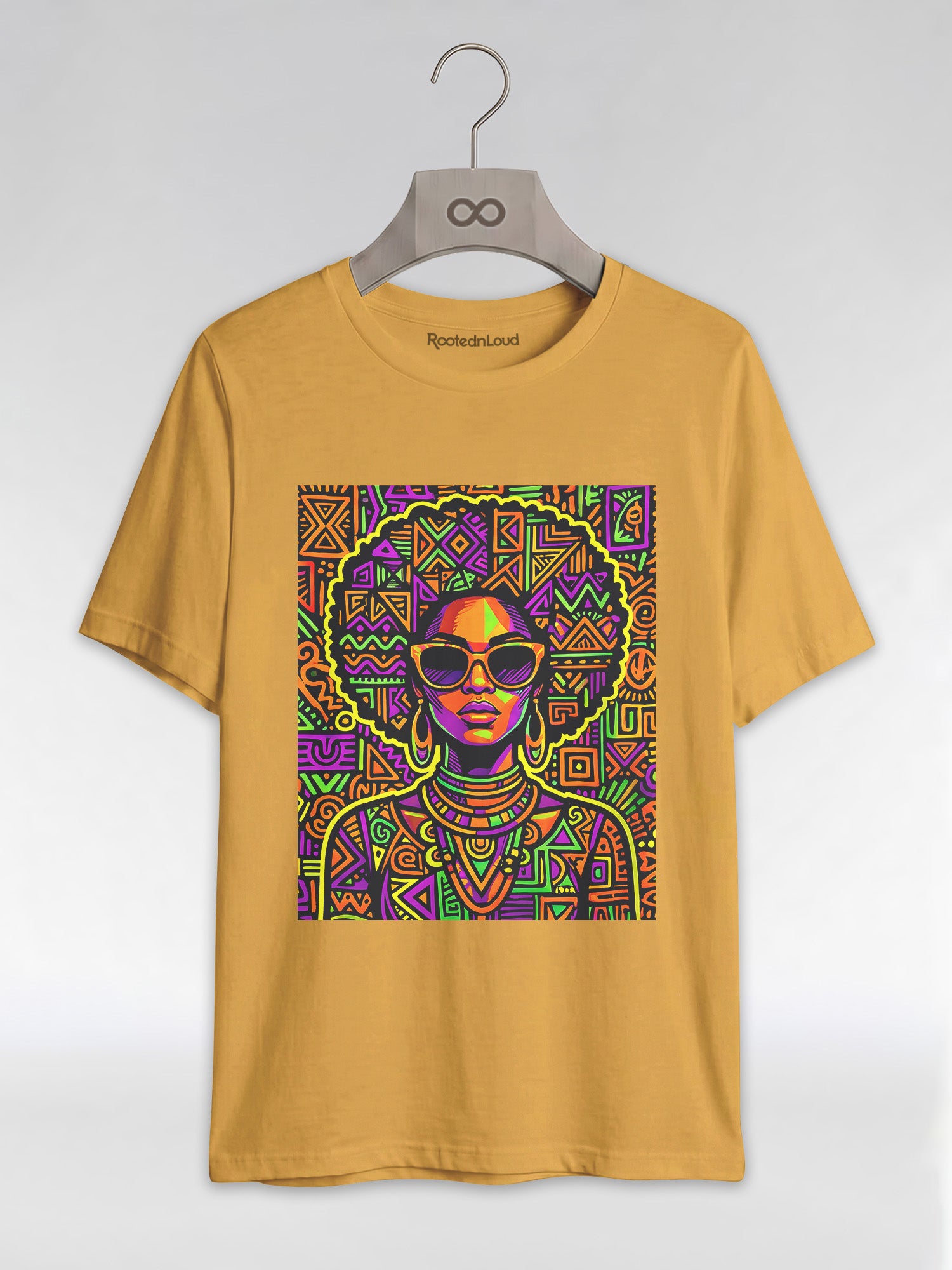 Neon Tribal Queen: Afrocentric Pop Art Black Woman Graphic T-Shirt - RootednLoud