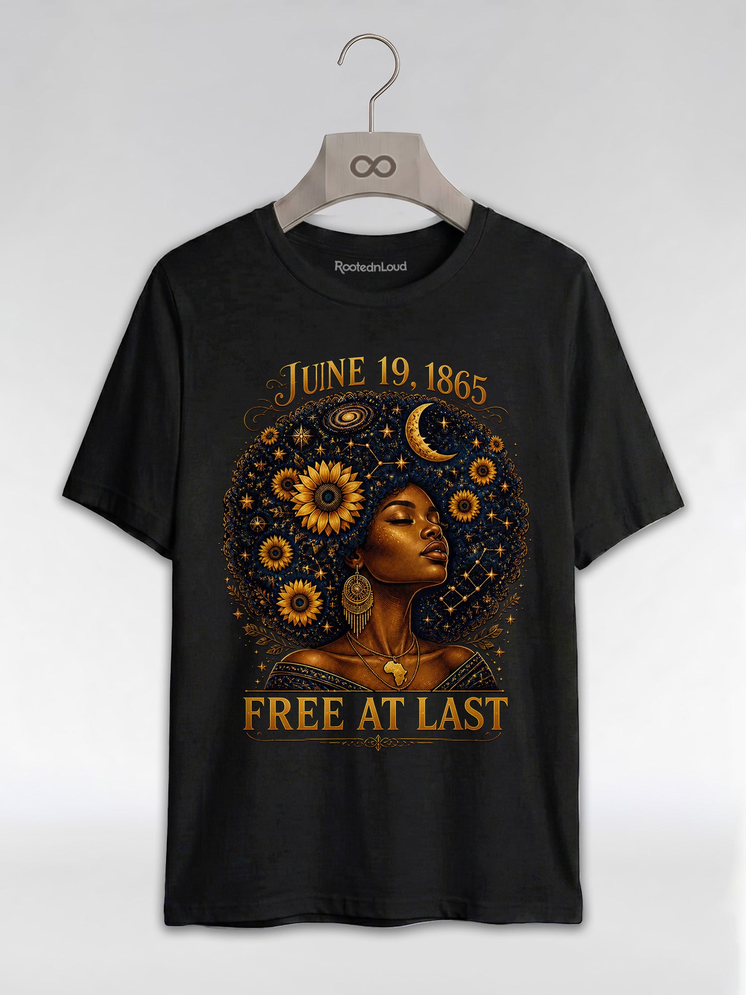 Free At Last Juneteenth: Celestial Afro Melanin Queen Graphic T-Shirt - RootednLoud