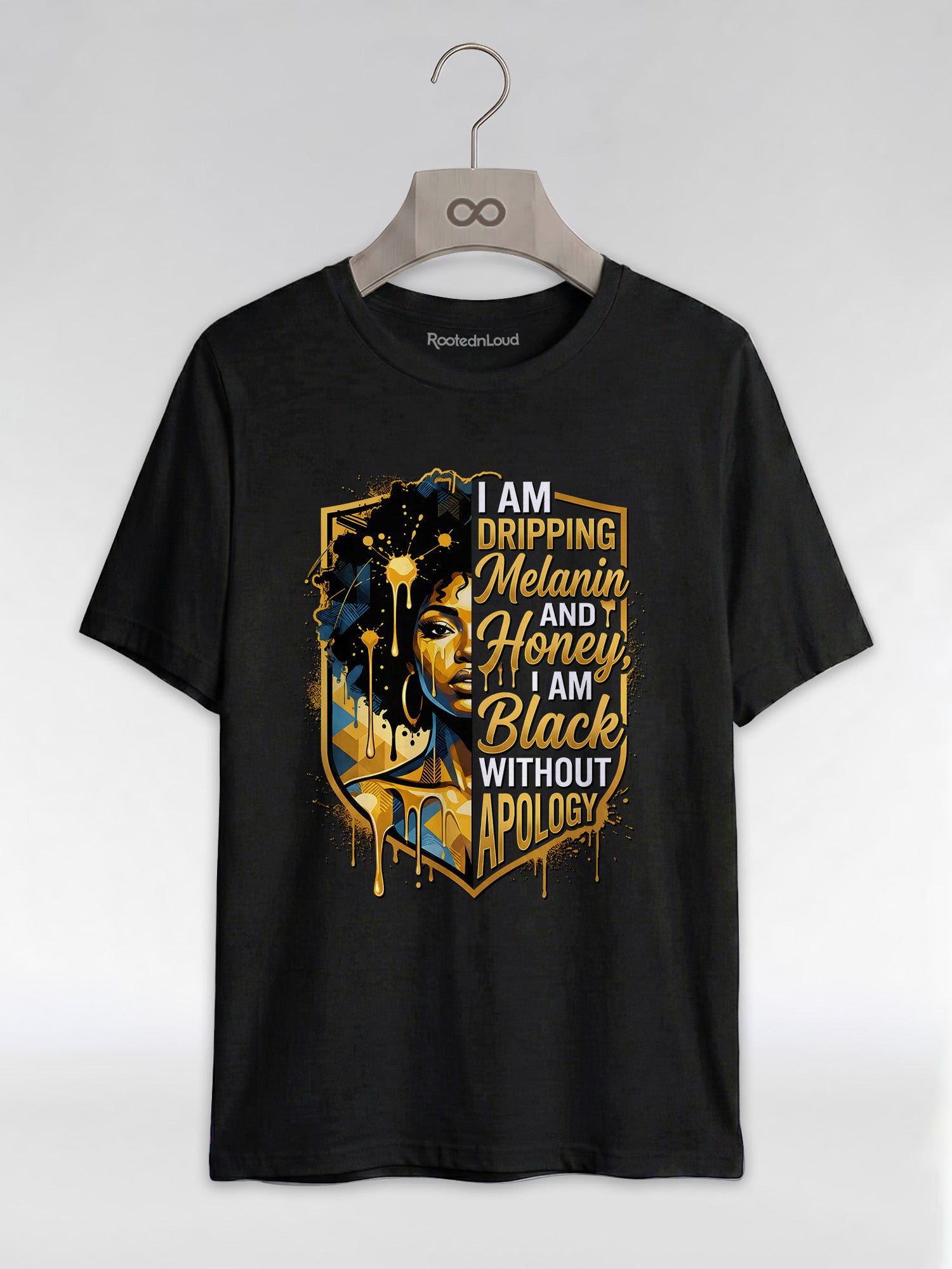 The Royal Shield: Dripping Melanin and Honey Black Queen Graphic T-Shirt - RootednLoud