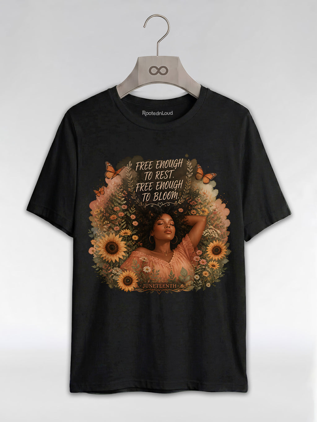 Free Enough To Rest: Juneteenth Floral Melanin Queen Graphic T-Shirt - RootednLoud