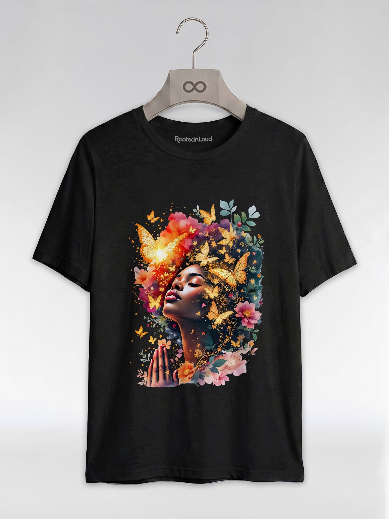 Praying Black Queen: Ethereal Floral Butterfly Graphic T-Shirt - RootednLoud