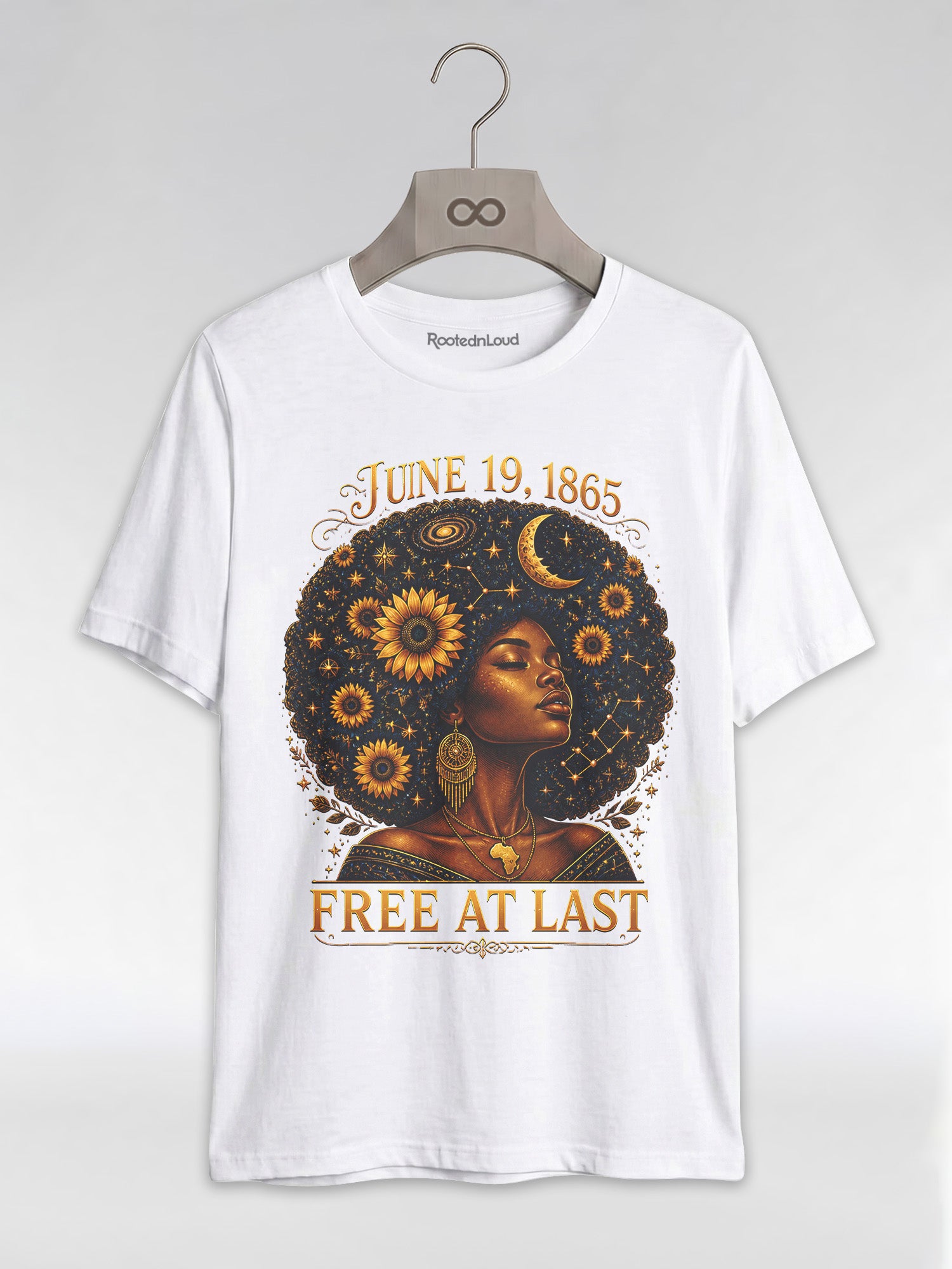 Free At Last Juneteenth: Celestial Afro Melanin Queen Graphic T-Shirt - RootednLoud