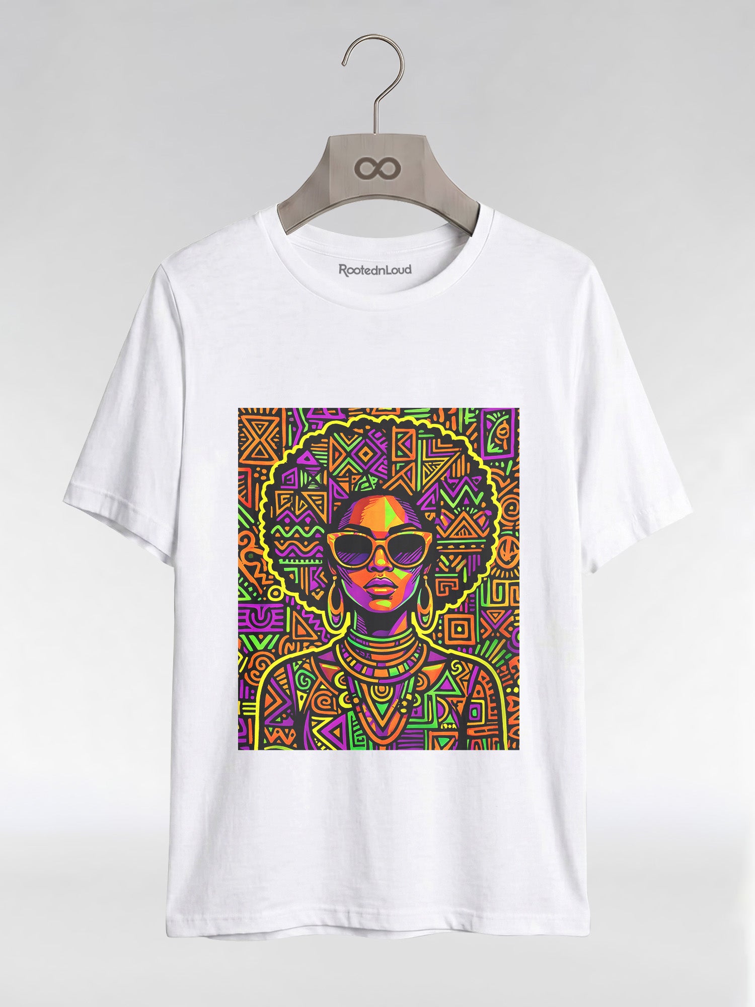 Neon Tribal Queen: Afrocentric Pop Art Black Woman Graphic T-Shirt - RootednLoud